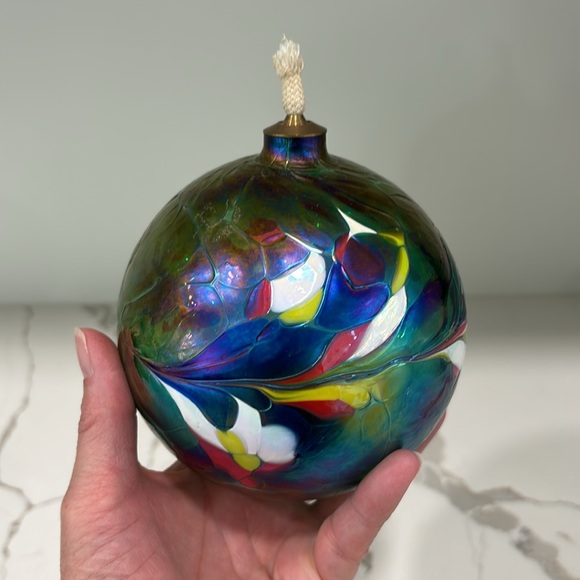 Other - Handblown Iridescent Mosaic Art Glass Oil Lamp With Brass Top